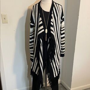 Striped Black and White Fringe Cardigan Sweater size XL